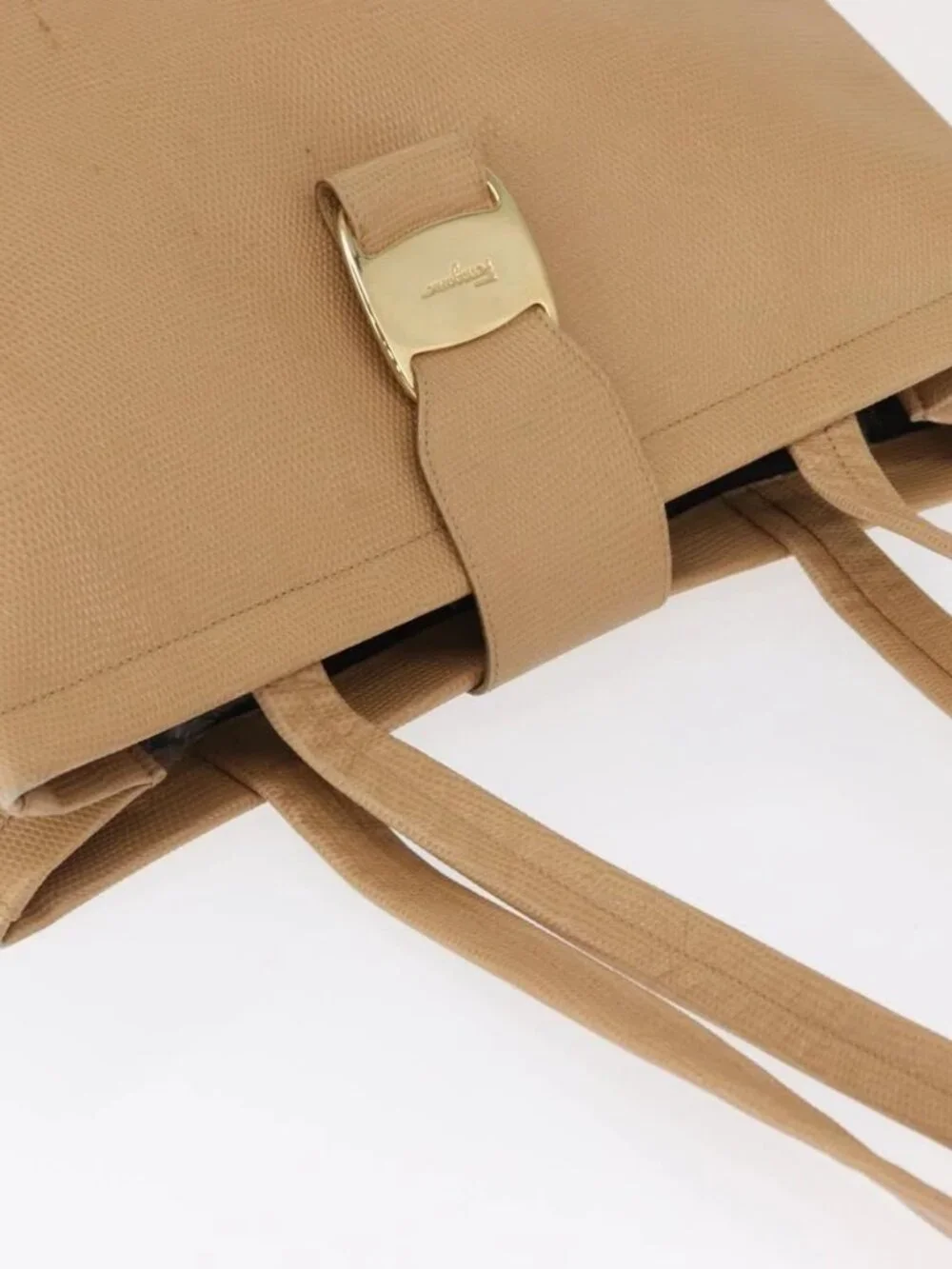 Salvatore Ferragamo Vala Tote Bag Leather Beige Gold Auth ka1447
